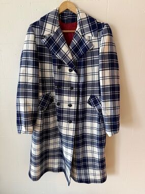 Vintage | Plaid Navy Arcylic Plaid Double Breated Long Outerwear Coat | Medium